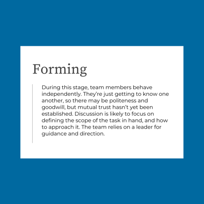 During this stage, team members behave independently. They’re just getting to know one another, so there may be politeness and goodwill, but mutual trust hasn’t yet been established. Discussion is likely to focus on defining the scope of the task in hand, and how to approach it. The team relies on a leader for guidance and direction.